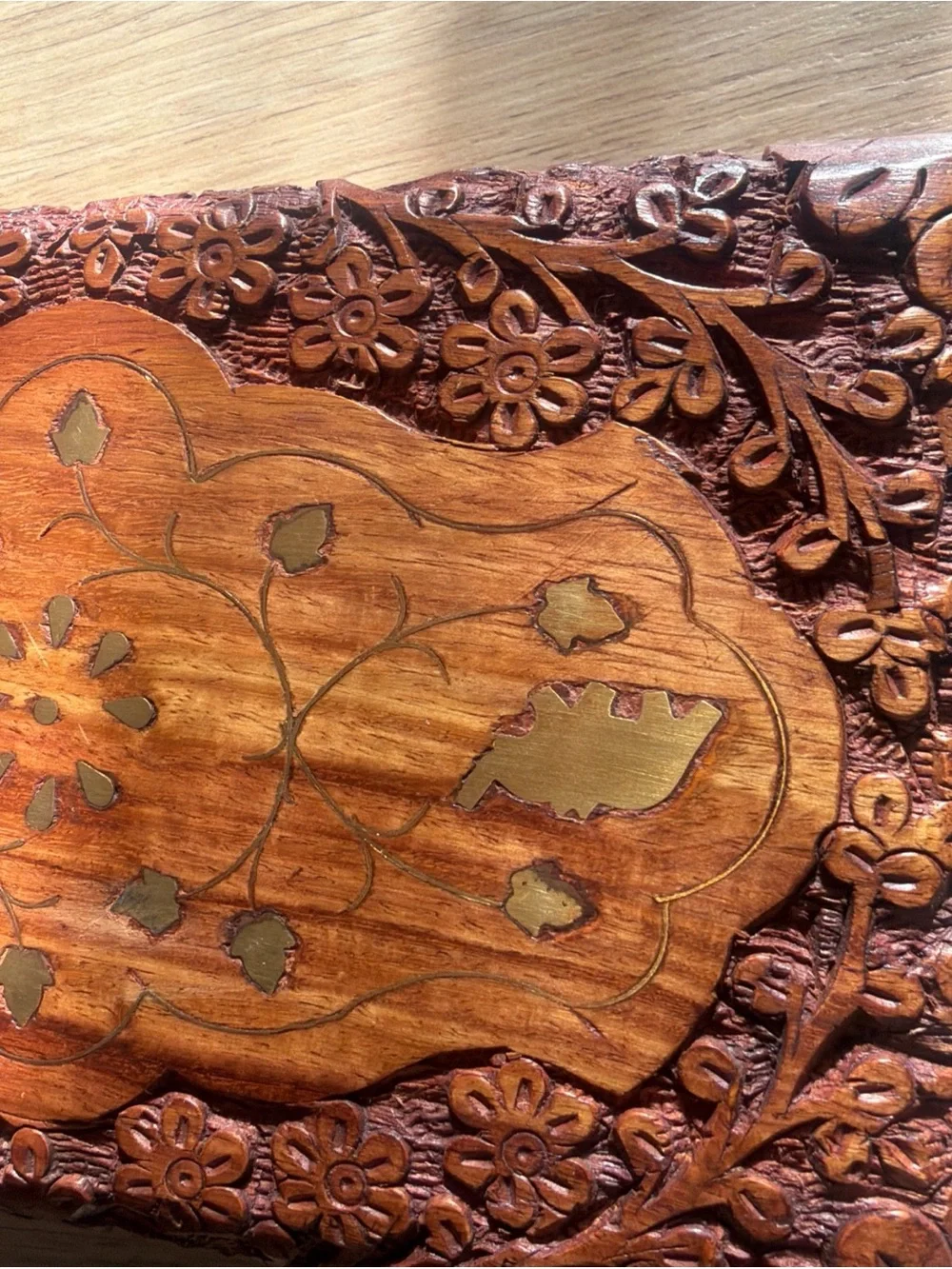 Hand-Carved Wooden Jewelry Box with Inlay